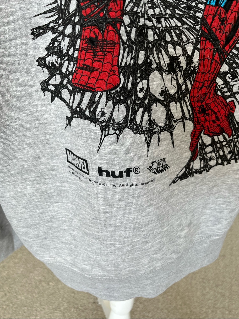 NWT HUF x Spider-Man Light Gray Full Zip-Up Hoodie Size Large - Picture 5 of 9